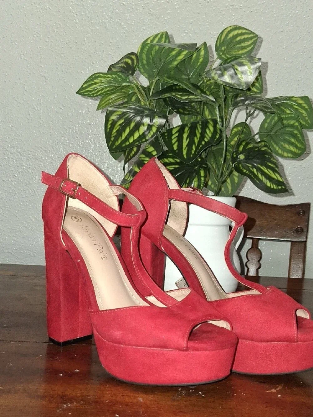 Dream Pairs Red T-Strap Platform Heels